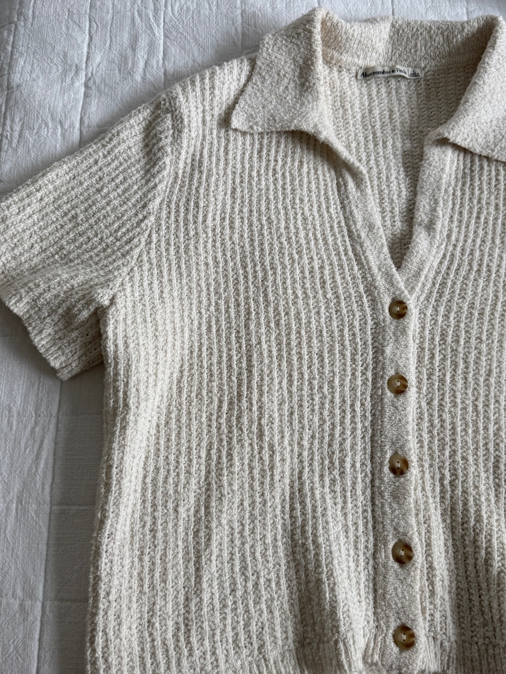 Abercrombie & Fitch Cream knitted Button-Front Short Sleeve Top - Picture 2 of 5